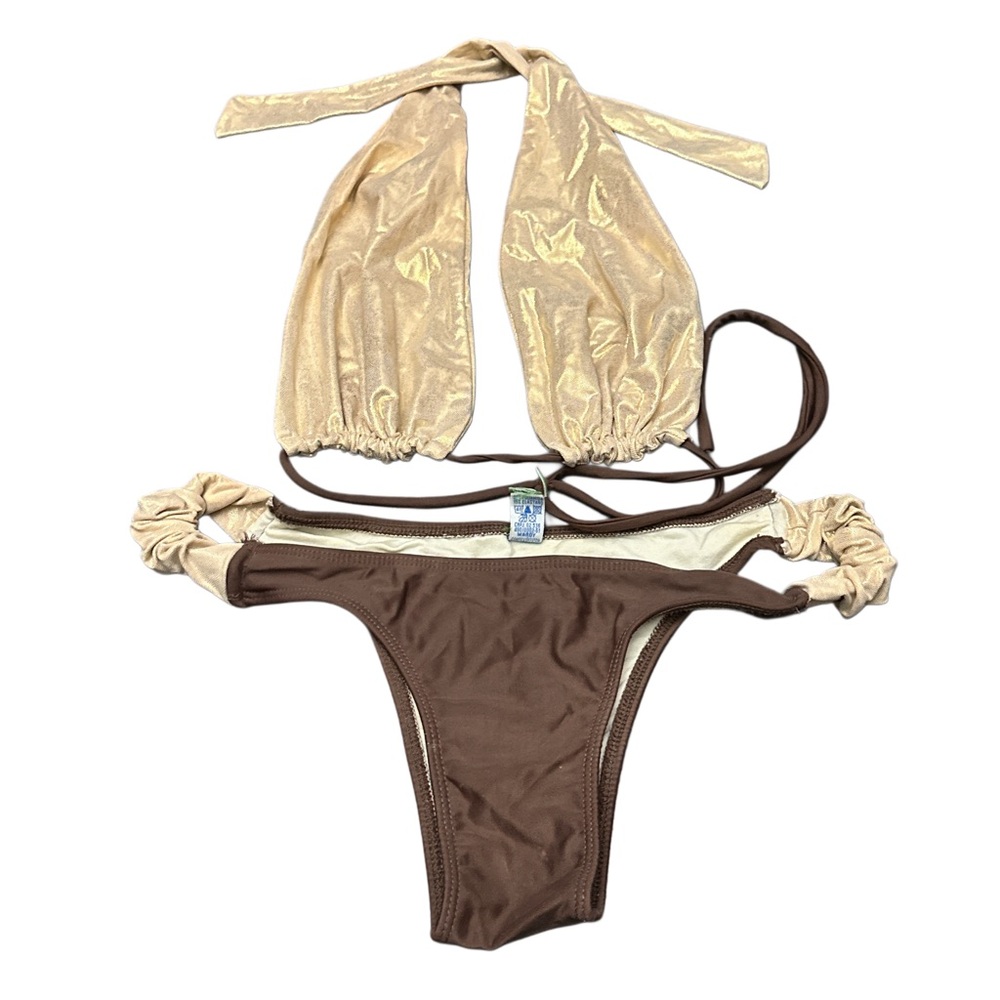 Liquido Gold and Brown Two-Piece Halter Bikini